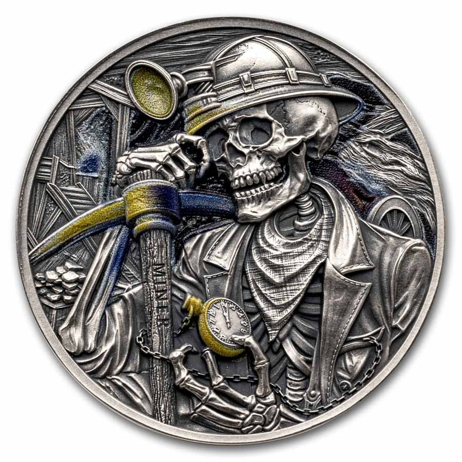 2025 Republic of Ghana 1 oz Silver Antique Memento Mori: Miner