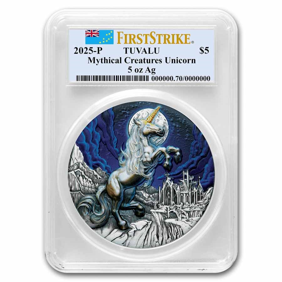 2025 TUV 5 oz Silver Colorized Unicorn Antiqued MS-70 PCGS HR FS