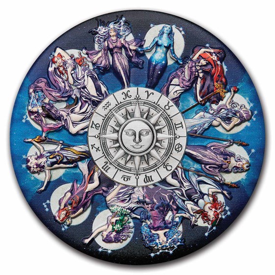 2025 TUV 5 oz Silver Colorized Zodiac Signs & Goddesses Antiqued
