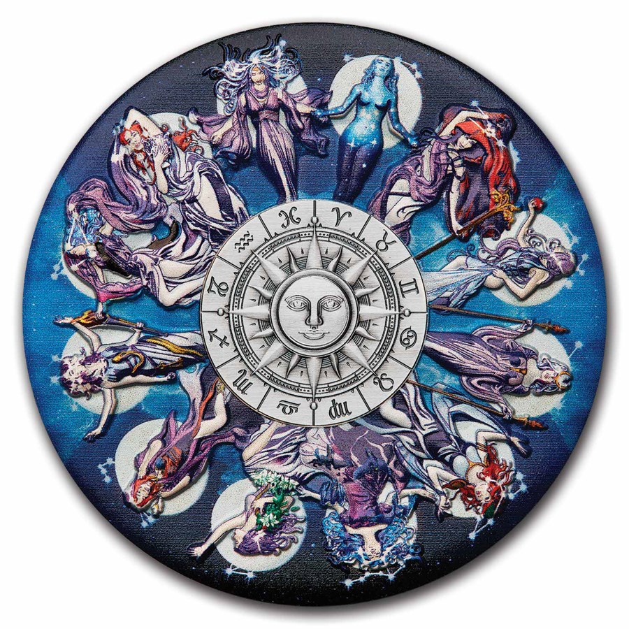 2025 TUV 5 oz Silver Colorized Zodiac Signs & Goddesses Antiqued