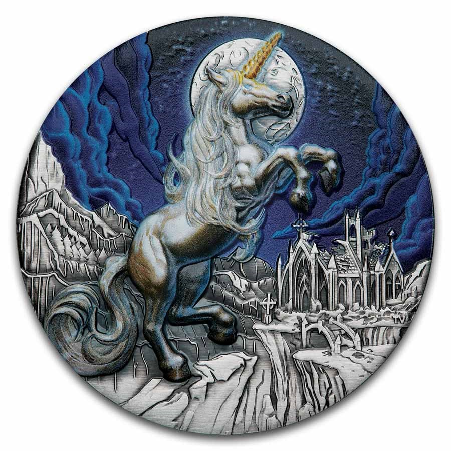 2025 Tuvalu 5 oz Silver Colorized Unicorn Antiqued HR Box, COA #6