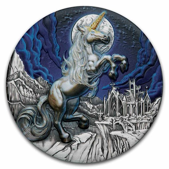 2025 Tuvalu 5 oz Silver Colorized Unicorn Antiqued HR Box, COA #6 2025 Tuvalu 5 oz Silver Colorized Unicorn Antiqued HR Box, COA #6