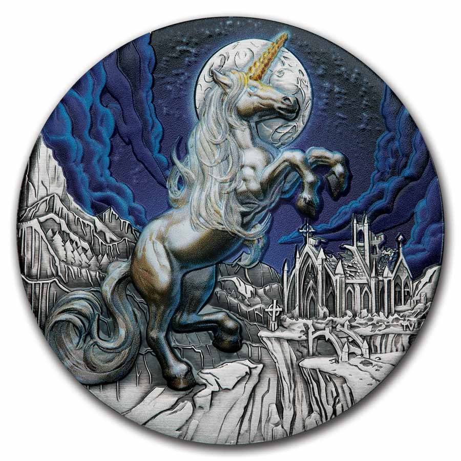 2025 Tuvalu 5 oz Silver Colorized Unicorn Antiqued HR (Box, COA)