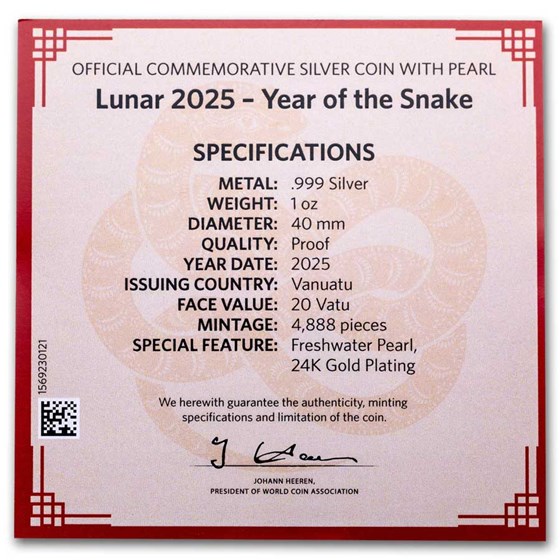 2025 Vanuatu 1 oz Silver Year of the Snake Gold Gilded w/ Pearl