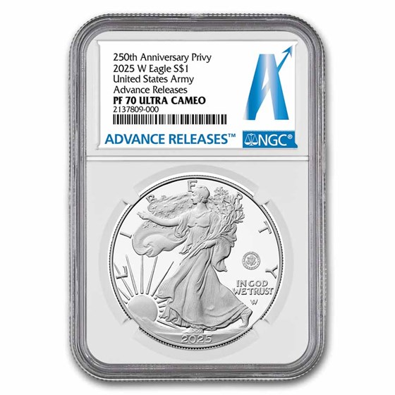 2025-W 1 oz Proof Silver Eagle PF-70 NGC (Army Privy, AR) 2025-W 1 oz Proof Silver Eagle PF-70 NGC (Army Privy, AR)