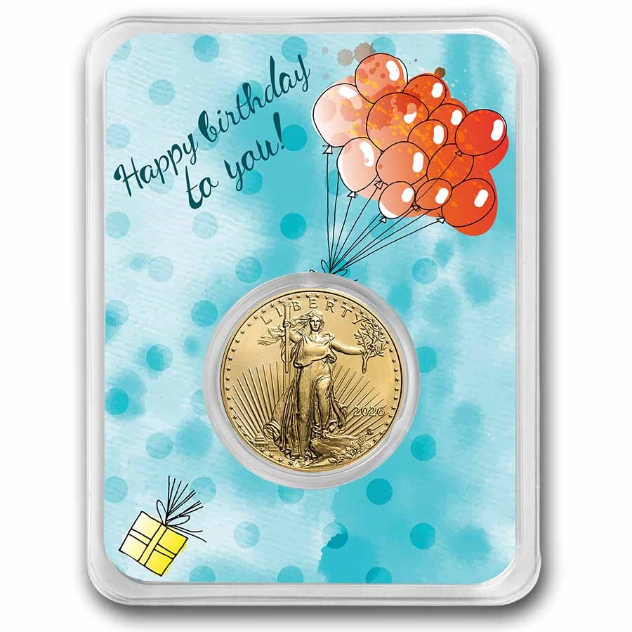 2026 1/4 oz Gold Eagle - w/Happy Birthday, Balloons Card, In TEP