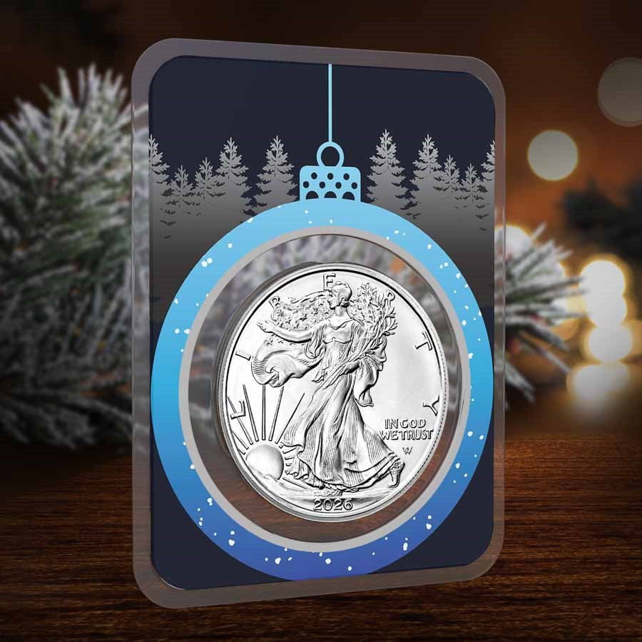 2026 1 oz American Silver Eagle - w/Blue Christmas Ornament Card