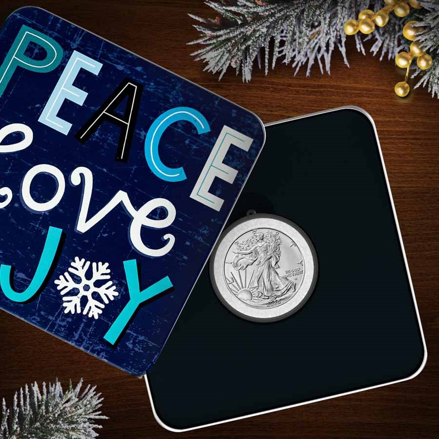 2026 1 oz American Silver Eagle - w/Holiday Tin, Peace Love & Joy