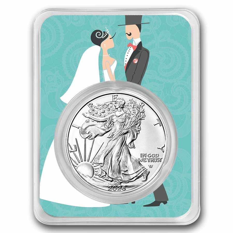 2026 1 oz Silver Eagle - w/Bride & Groom, Aqua Blue Card, In TEP