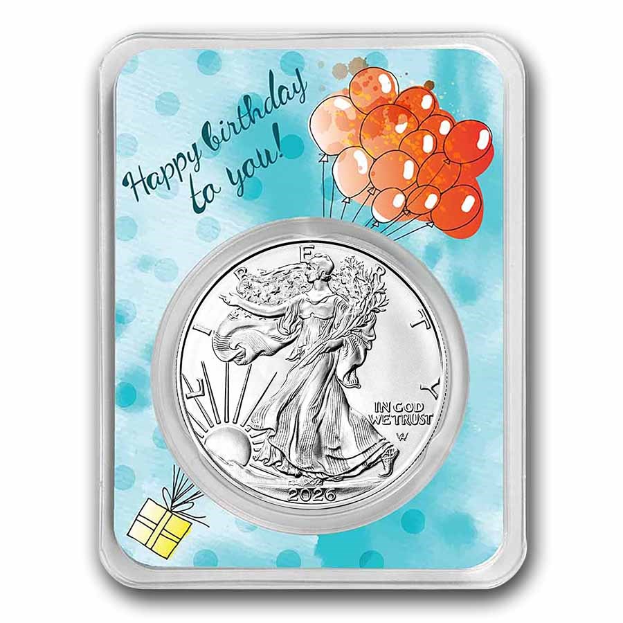 2026 1 oz Silver Eagle - w/Happy Birthday, Balloons Card, In TEP