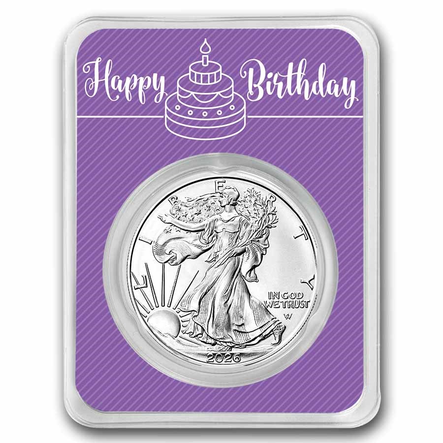 2026 1 oz Silver Eagle - w/Happy Birthday, Purple Card, In TEP