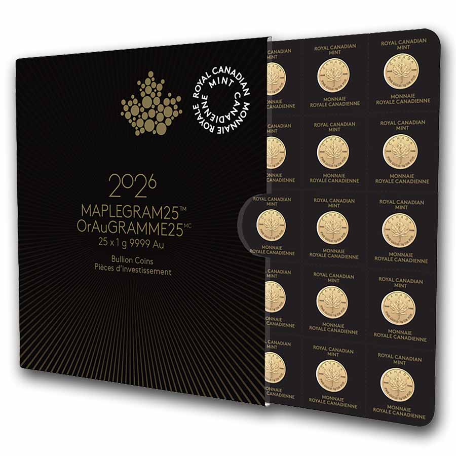 2026 25x 1 gram Gold Maple Leafs Maplegram25 In Assay Sleeve Royal Canadian Mint