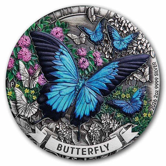 2026 AUS 2 oz Silver Colorized & Antiqued Butterfly (Box)