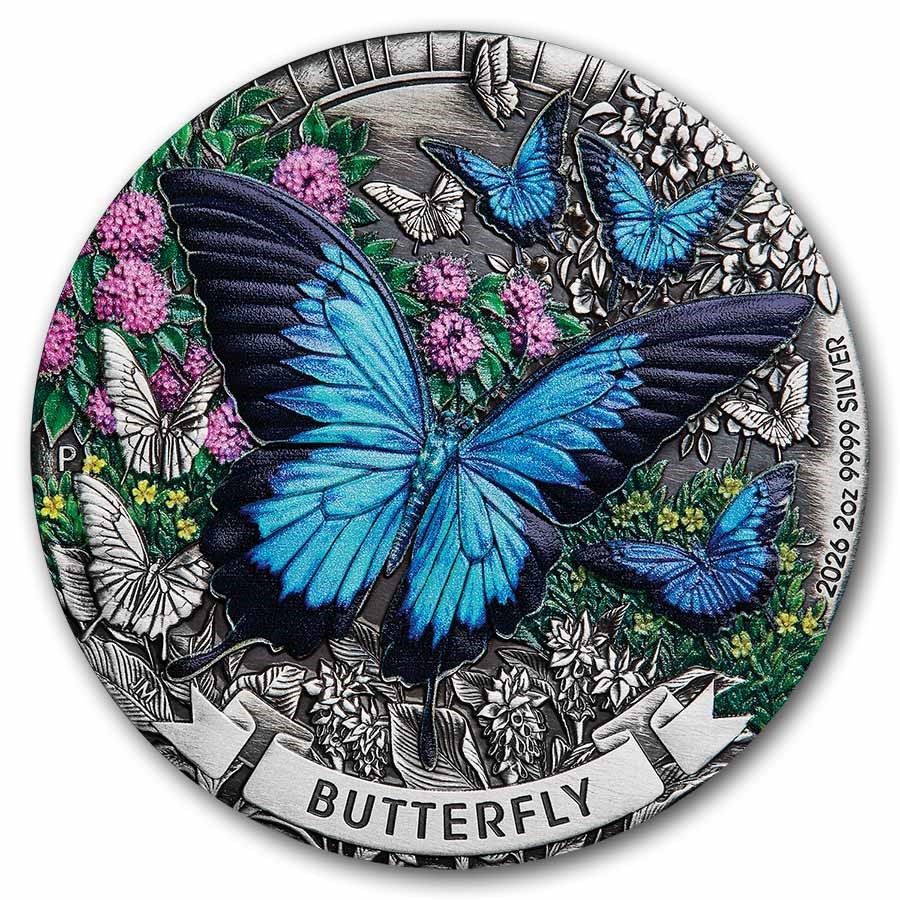 2026 AUS 2 oz Silver Colorized & Antiqued Butterfly (Box)