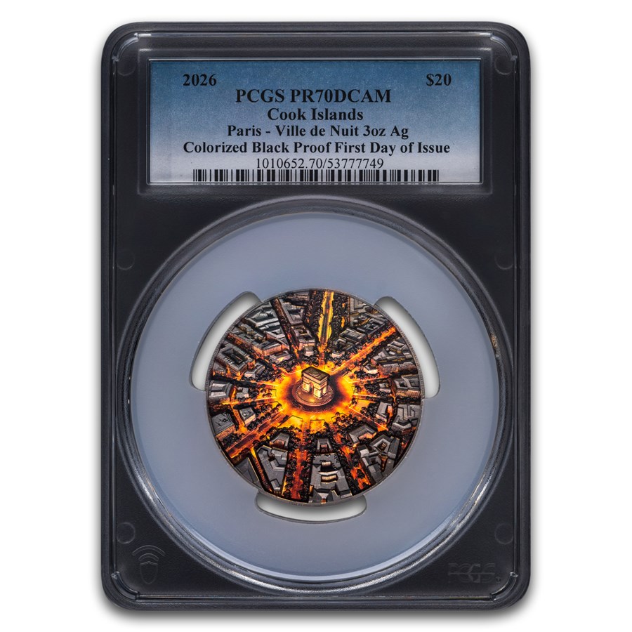 2026 Cook Isl 3 oz Ag Black Proof Paris Ville de Nuit PR-70 PCGS