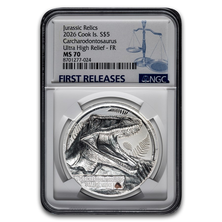 2026 Cook Islands 1 oz Silver Carcharodontosaurus MS-70 NGC FR