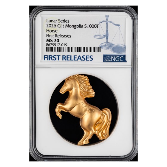 2026年 モンゴル 1オンス金メッキ銀貨 ワイルドホース型 NGC MS70 FR