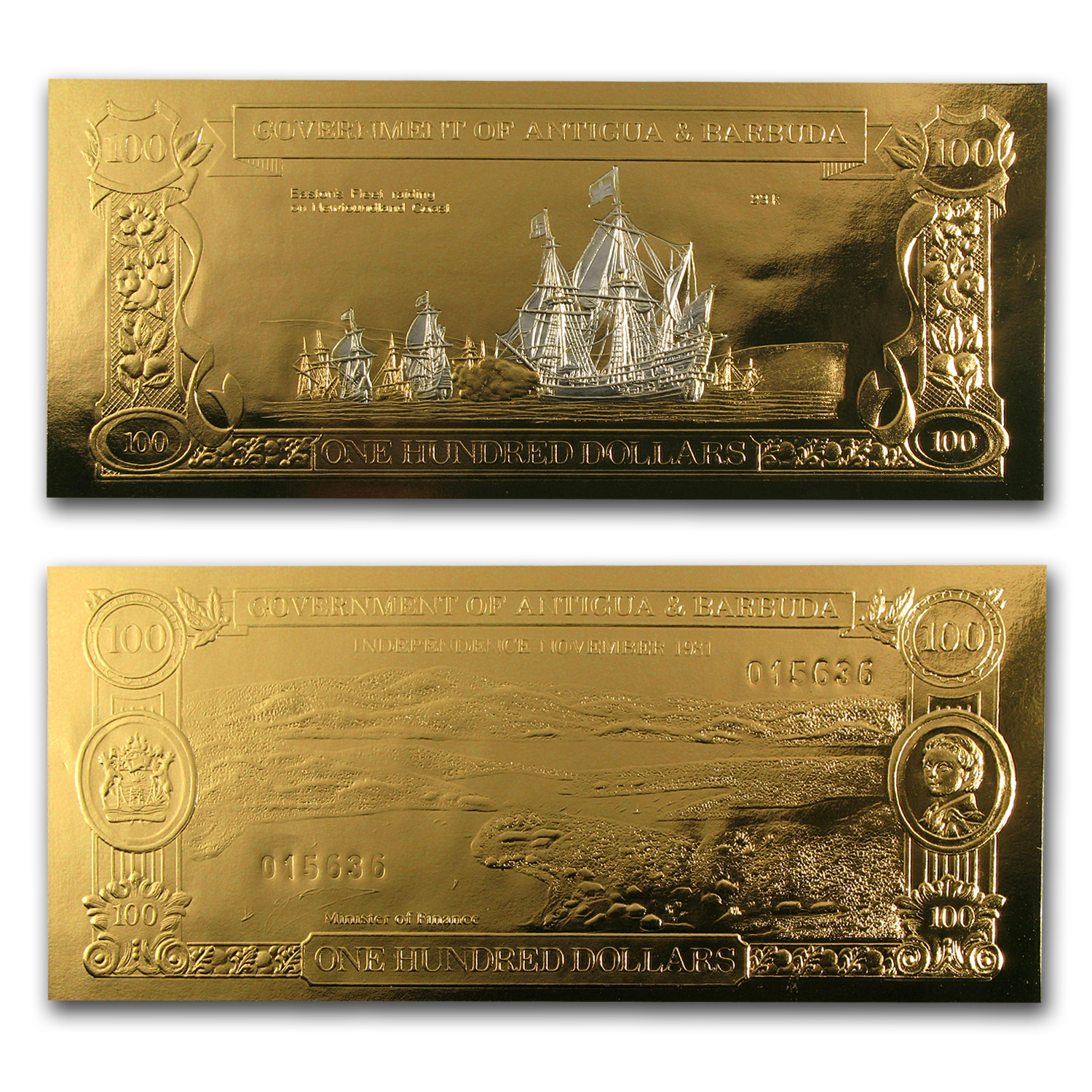 Buy 23K Antigua & Barbuda Gold $100 Unc Foil Notes | APMEX