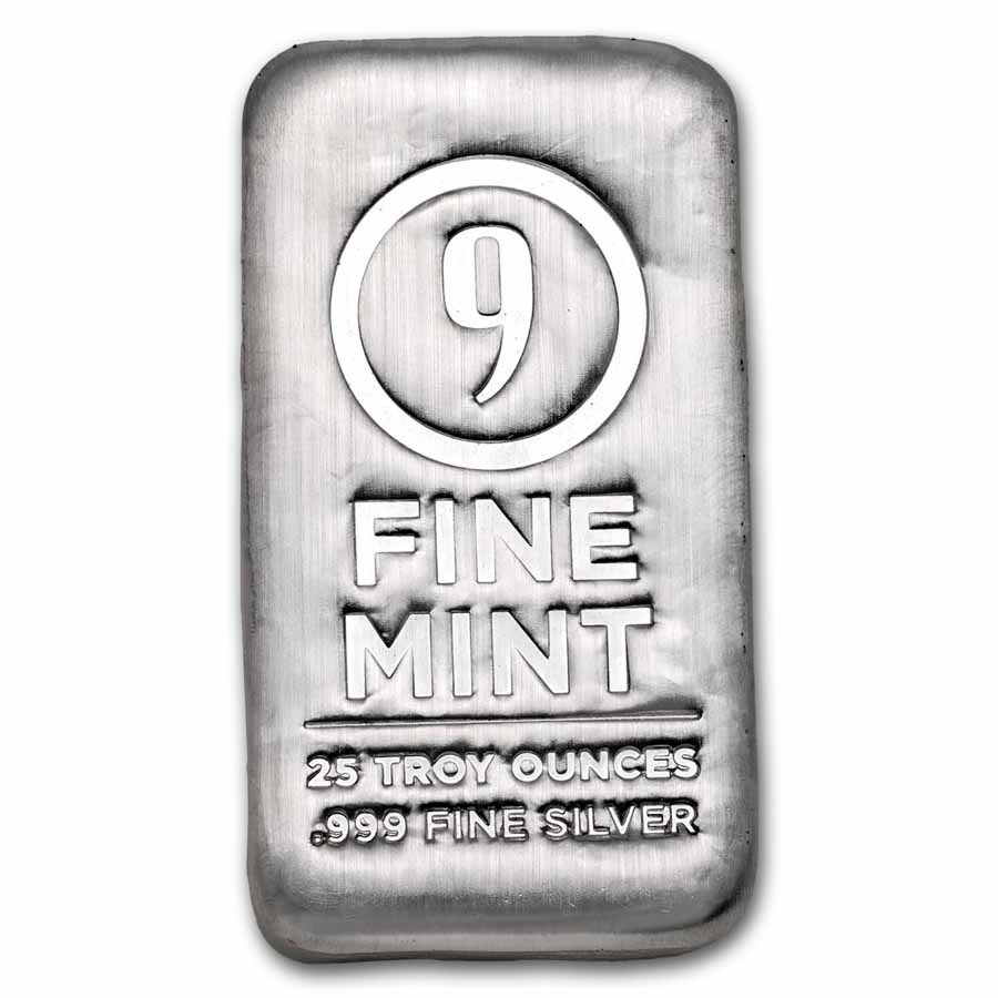 25 oz Cast-Poured Silver Bar - 9Fine Mint