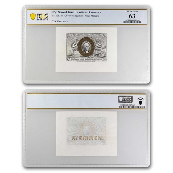 2nd Issue Fractional Cur. 25c CU-63 PCGS (Fr#1283SP) Specimen 2nd Issue Fractional Cur. 25c CU-63 PCGS (Fr#1283SP) Specimen