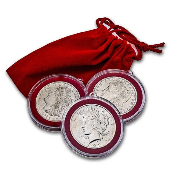 3-Coin BU Silver Dollar Set in Red Velvet Pouch 3-Coin BU Silver Dollar Set in Red Velvet Pouch