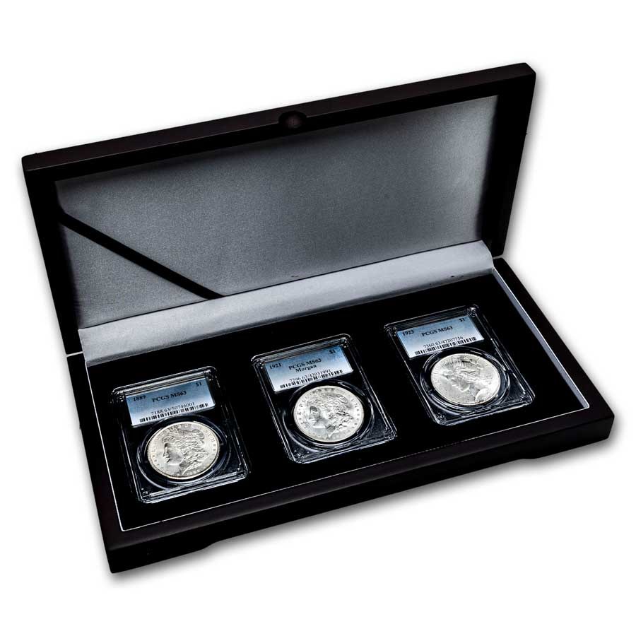 3-Coin Morgan/Peace Silver Dollar Set MS-63 PCGS