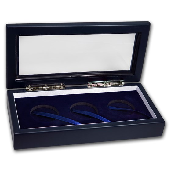 3 coin Wood Glass Top Display Box - Blue Finish 3 coin Wood Glass Top Display Box - Blue Finish