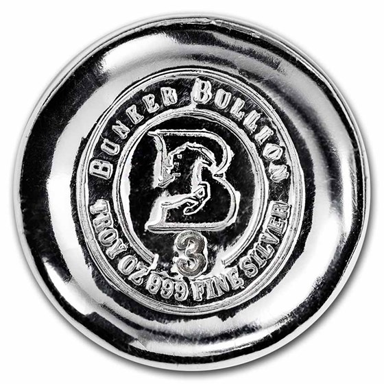 3 oz Cast-Poured Silver Round - Bunker Bullion Button/Rolo 3 oz Cast-Poured Silver Round - Bunker Bullion Button/Rolo
