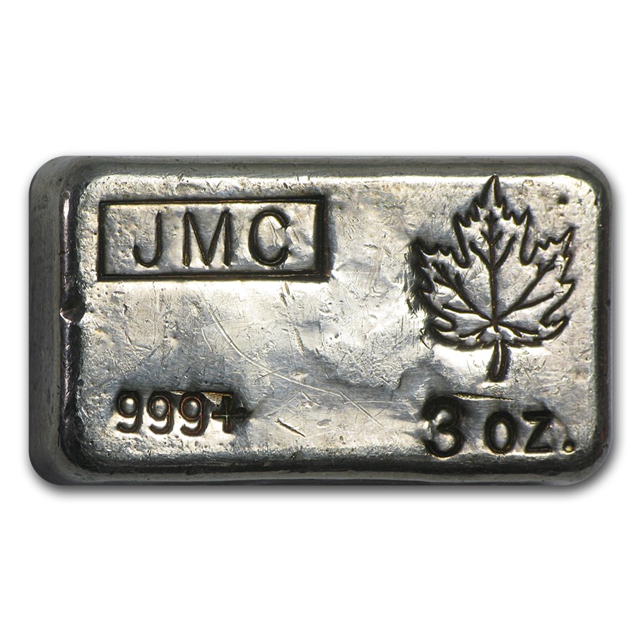 3 oz Silver Bar - Johnson Matthey Canada (Poured, Maple Leaf)