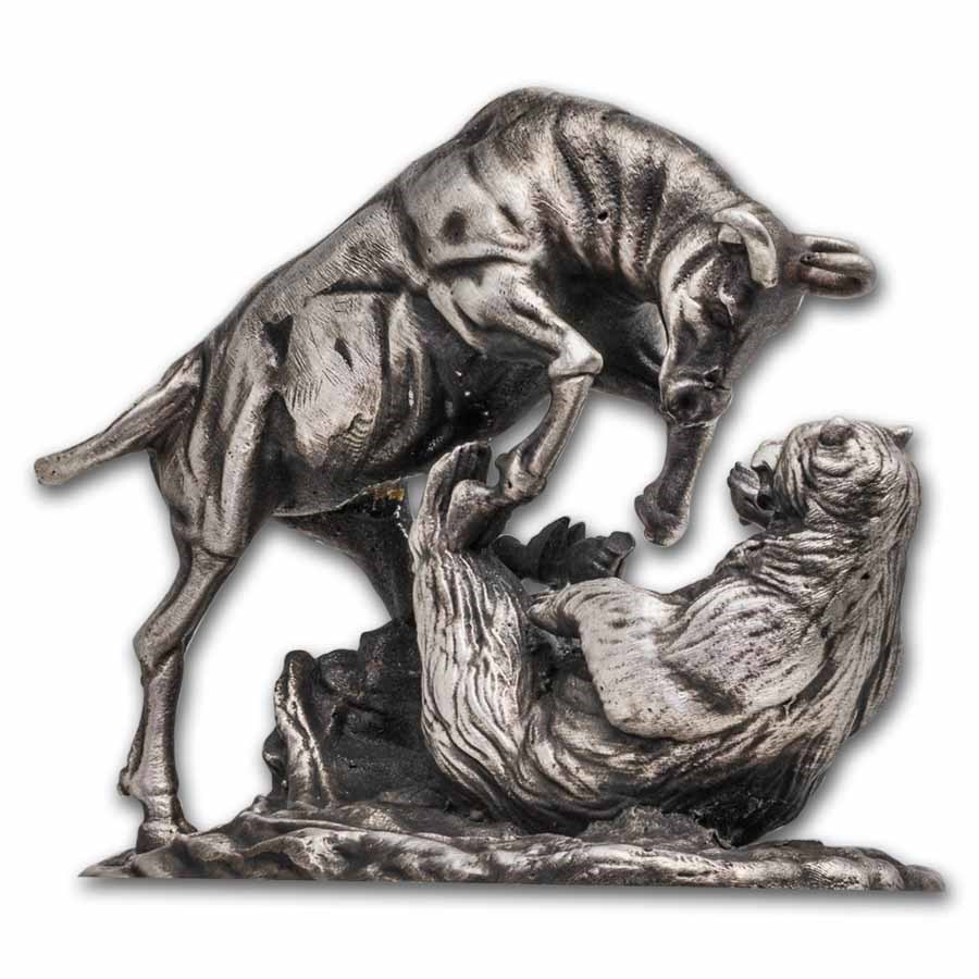 3 oz Silver Hand Poured Statue - Bull vs Bear