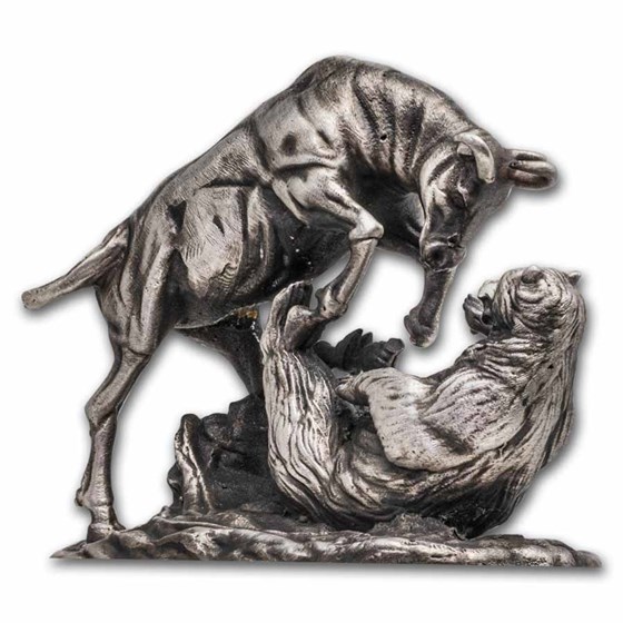 3 oz Silver Hand Poured Statue - Bull vs Bear 3 oz Silver Hand Poured Statue - Bull vs Bear