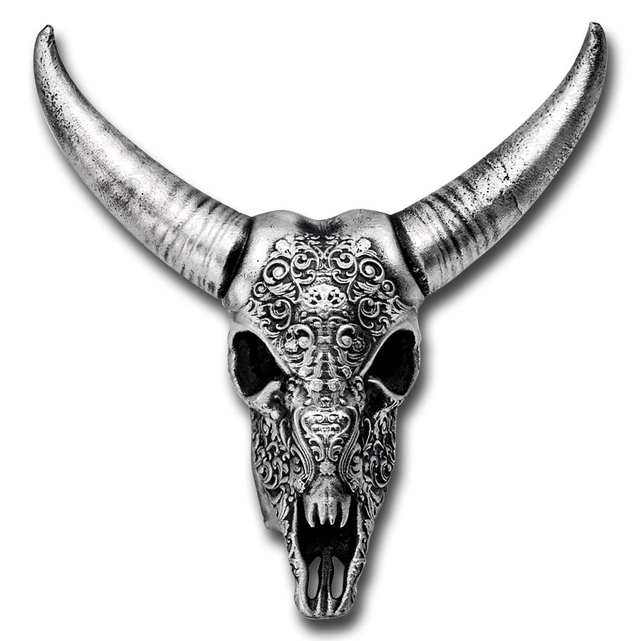 3 oz Silver Hand Poured Statue - Decorated Longhorn Skull