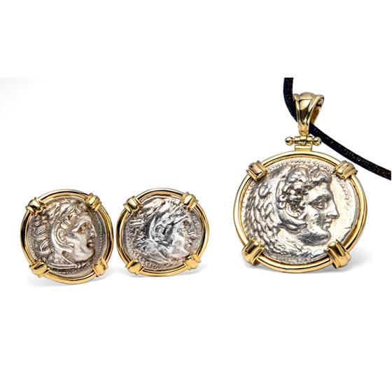(336-323 BC) Alexander III 14 K Gold Pendant and Earrings Set (336-323 BC) Alexander III 14 K Gold Pendant and Earrings Set