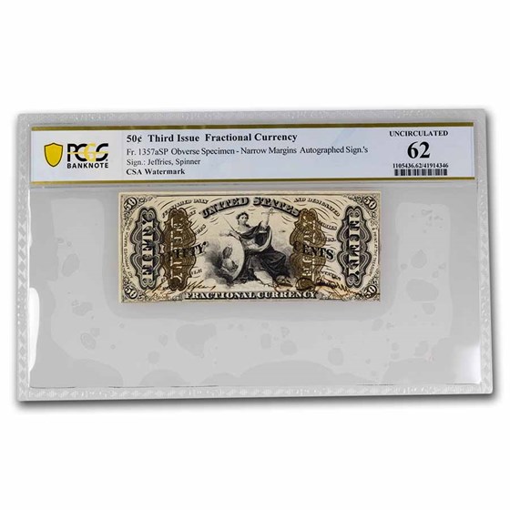 3rd Issue Fractional Curr 50 Cents CU-62 PCGS(Fr#1357)Specimen Ob 3rd Issue Fractional Curr 50 Cents CU-62 PCGS(Fr#1357)Specimen Ob