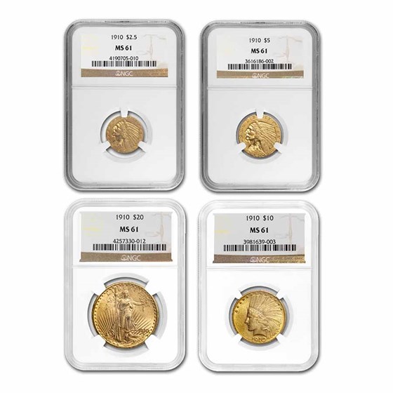 4-Coin 1910 Gold Eagles Type Set MS-61 NGC