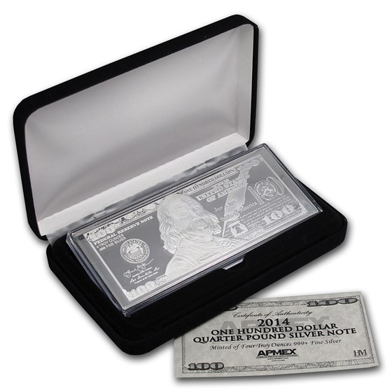 4 oz Silver Bar - 2014 $100 Bill (w/Box & COA)