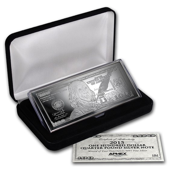4 oz Silver Bar - 2015 $100 Bill (W/Box & COA) 4 oz Silver Bar - 2015 $100 Bill (W/Box & COA)