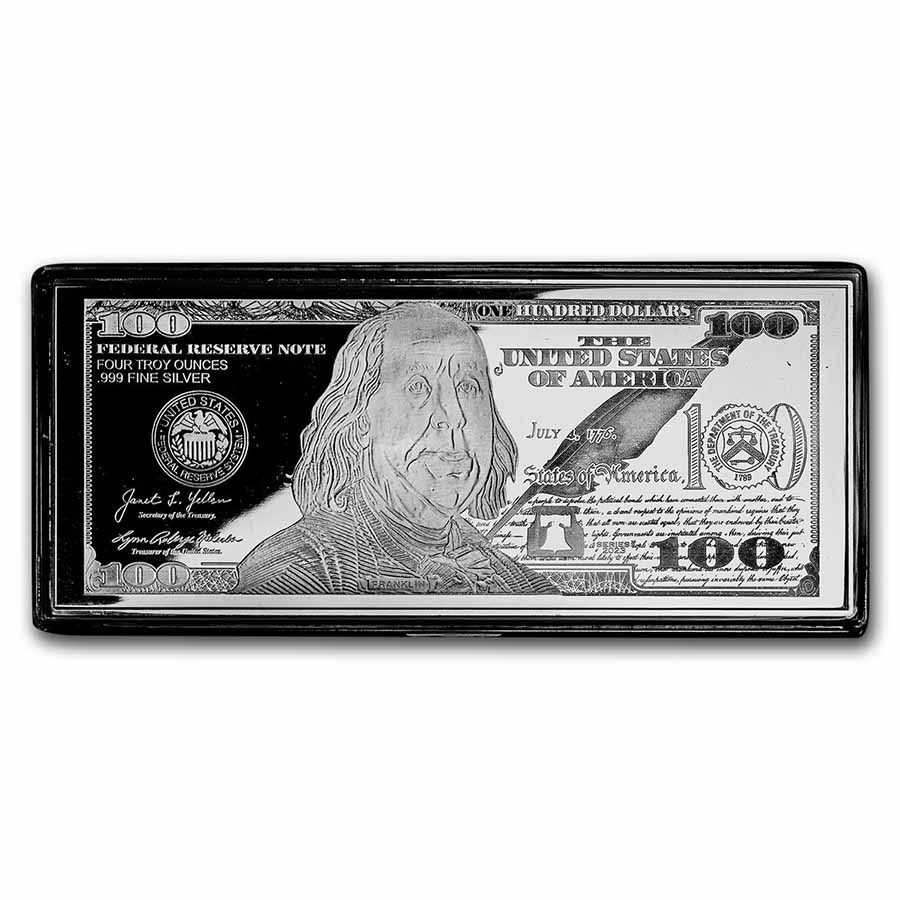 4 oz Silver Bar - 2023 $100 Bill (w/Box & COA)