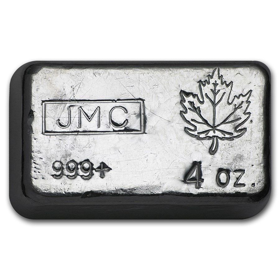 4 oz Silver Bar - Johnson Matthey Canada (Poured, Maple Leaf)