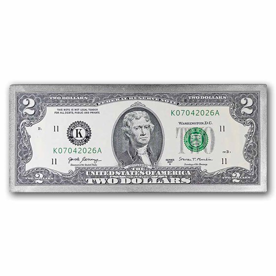 4 oz Silver Colorized Bar - $2 Jefferson Bill (w/Box & COA + $2)