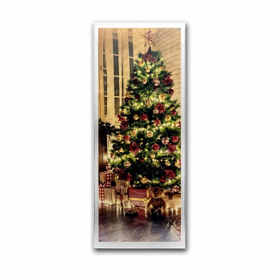 4 oz Silver Colorized Bar - Christmas Tree (Vertical, w/Box)