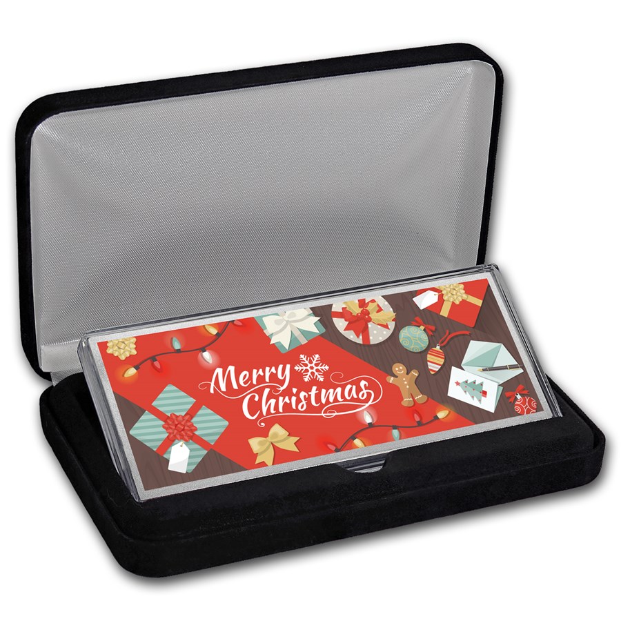 4 oz Silver Colorized Bar - Festive "Merry Christmas" (w/Box)