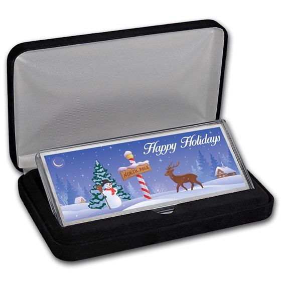 4 oz Silver Colorized Bar - North Pole "Happy Holidays" (w/Box)