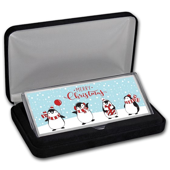 4 oz Silver Colorized Bar - Penguins "Merry Christmas" (w/Box)
