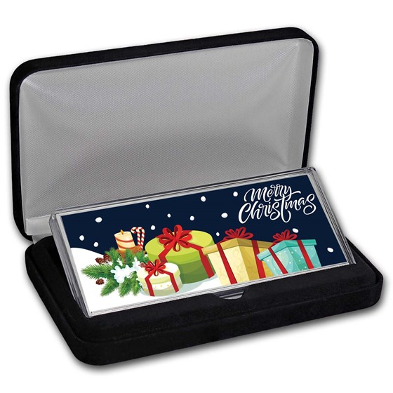 4 oz Silver Colorized Bar - Presents "Merry Christmas" (w/Box) 4 oz Silver Colorized Bar - Presents "Merry Christmas" (w/Box)