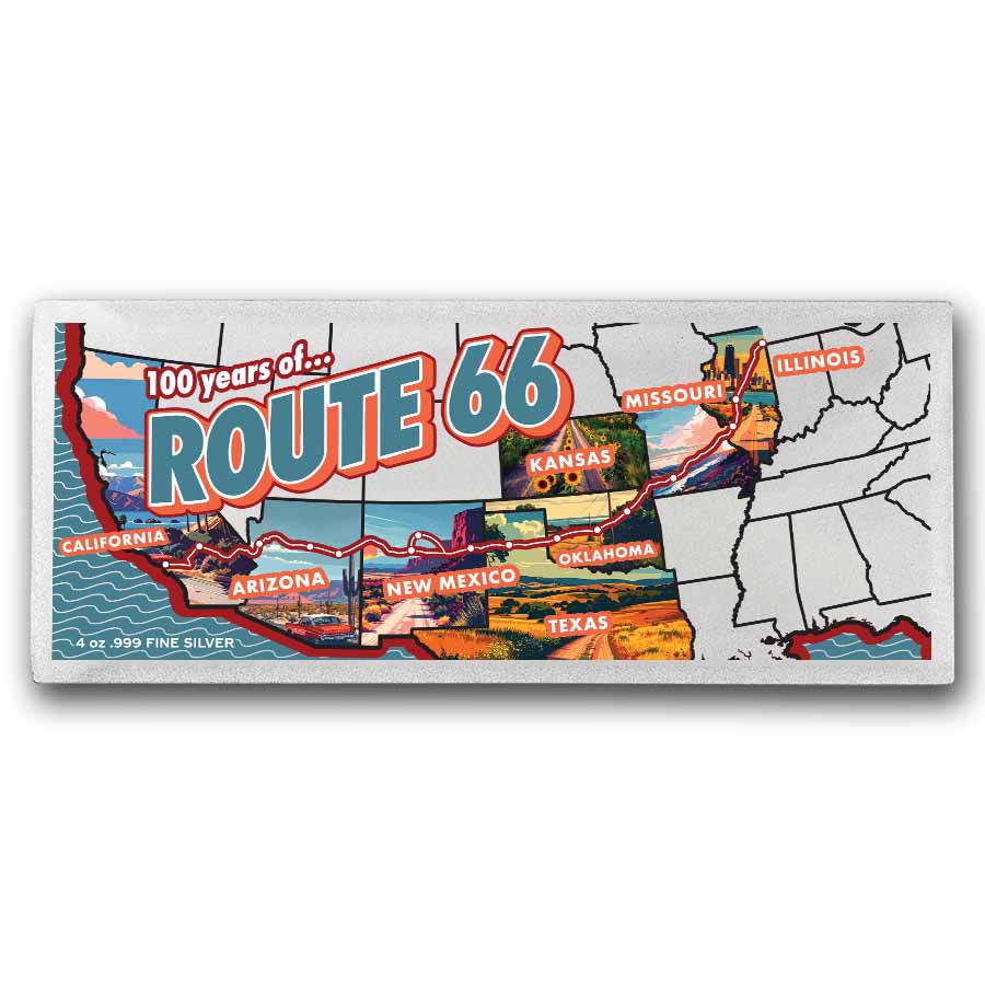 Buy 4 oz Silver Route 66 100th Anniv Colorized Bar | APMEX