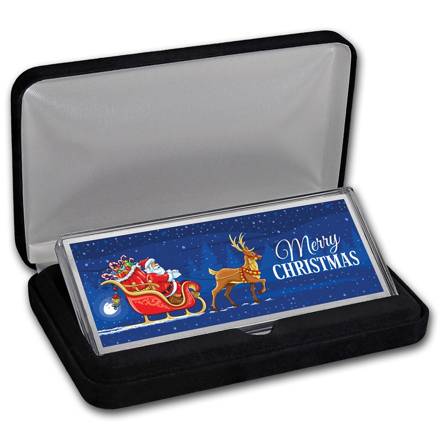 4 oz Silver Colorized Bar - Santa's Sleigh & Reindeer (w/Box)