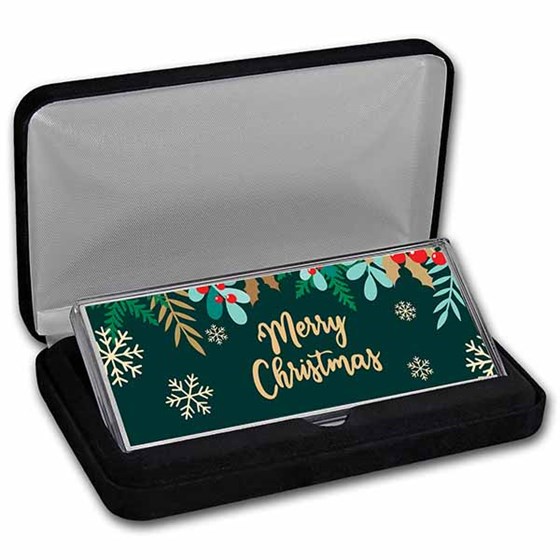 4 oz Silver Colorized Bar - Whimsical "Merry Christmas" (w/Box) 4 oz Silver Colorized Bar - Whimsical "Merry Christmas" (w/Box)