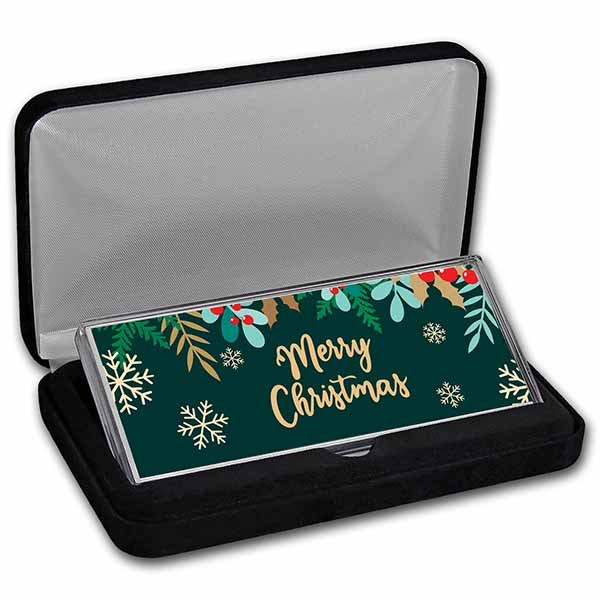 4 oz Silver Colorized Bar - Whimsical "Merry Christmas" (w/Box)