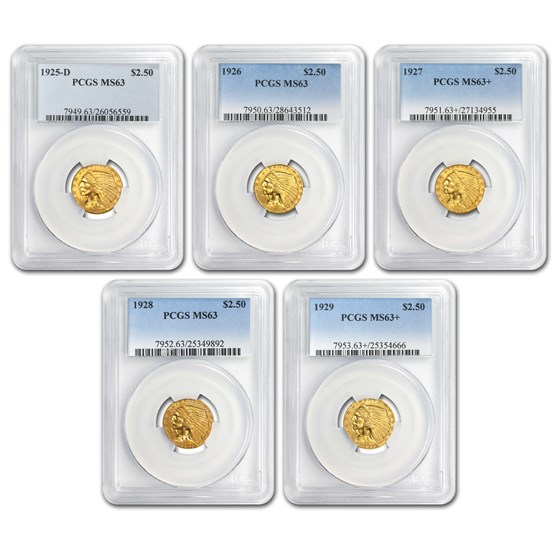 5-Coin $2.50 Indian Gold Quarter Eagle Set MS-63 PCGS (1920s) 5-Coin $2.50 Indian Gold Quarter Eagle Set MS-63 PCGS (1920s)